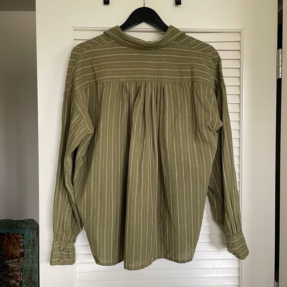 Free People Under The Boardwalk Linen Cotton Olive Striped Peasant Top XS Boho - Picture 3 of 6
